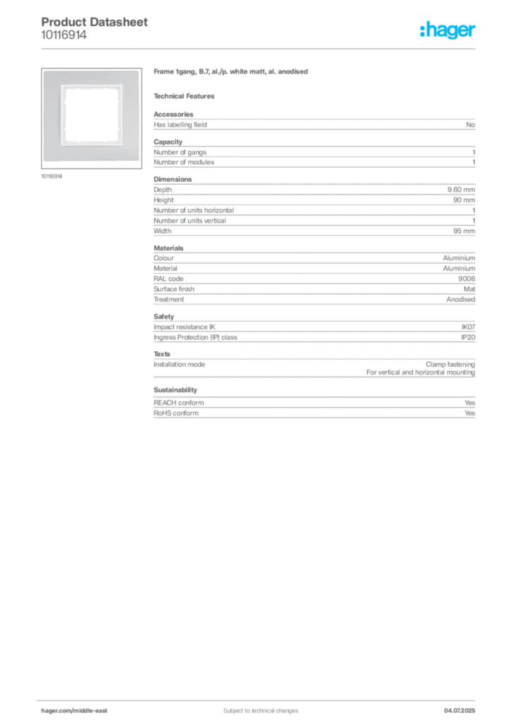 Image Hager Product data sheet 10116914  | Hager