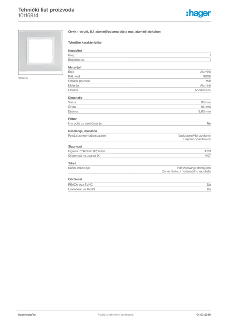 Slika Hager Tehnički list proizvoda 10116914  | Hager