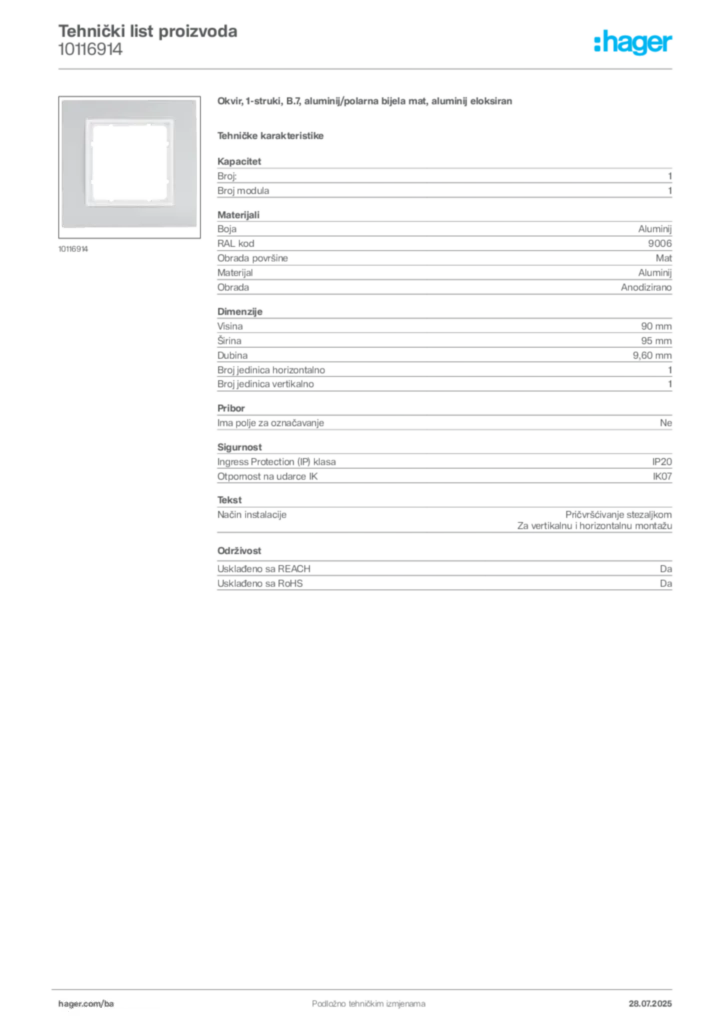 Slika Hager Product data sheet 10116914  | Hager