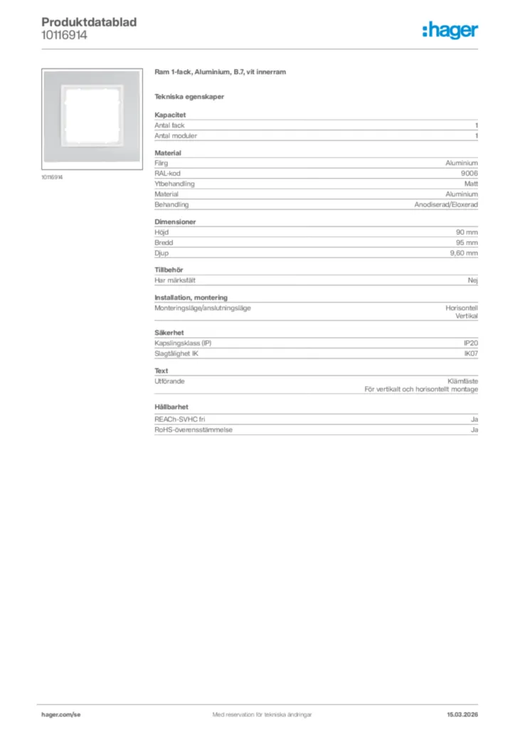 Bild Hager Produktdatablad 10116914 | Hager Sverige