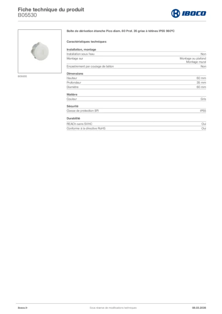 Image Iboco Fiche technique du produit B05530 | Hager France