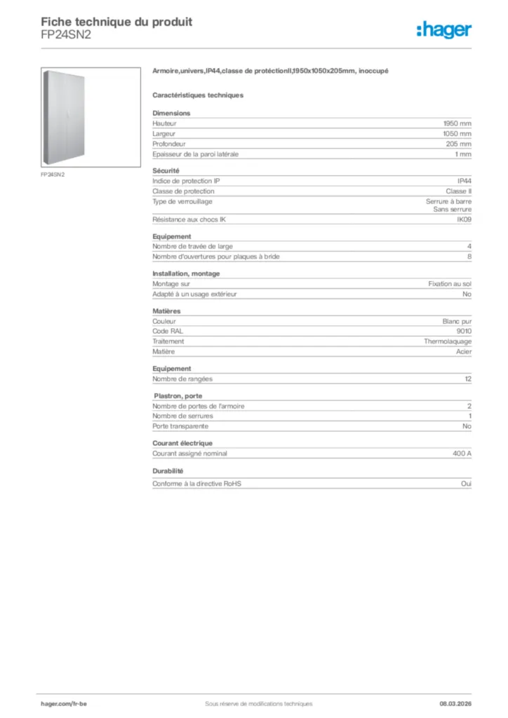 Image Hager Fiche technique du produit FP24SN2 | Hager Belgique