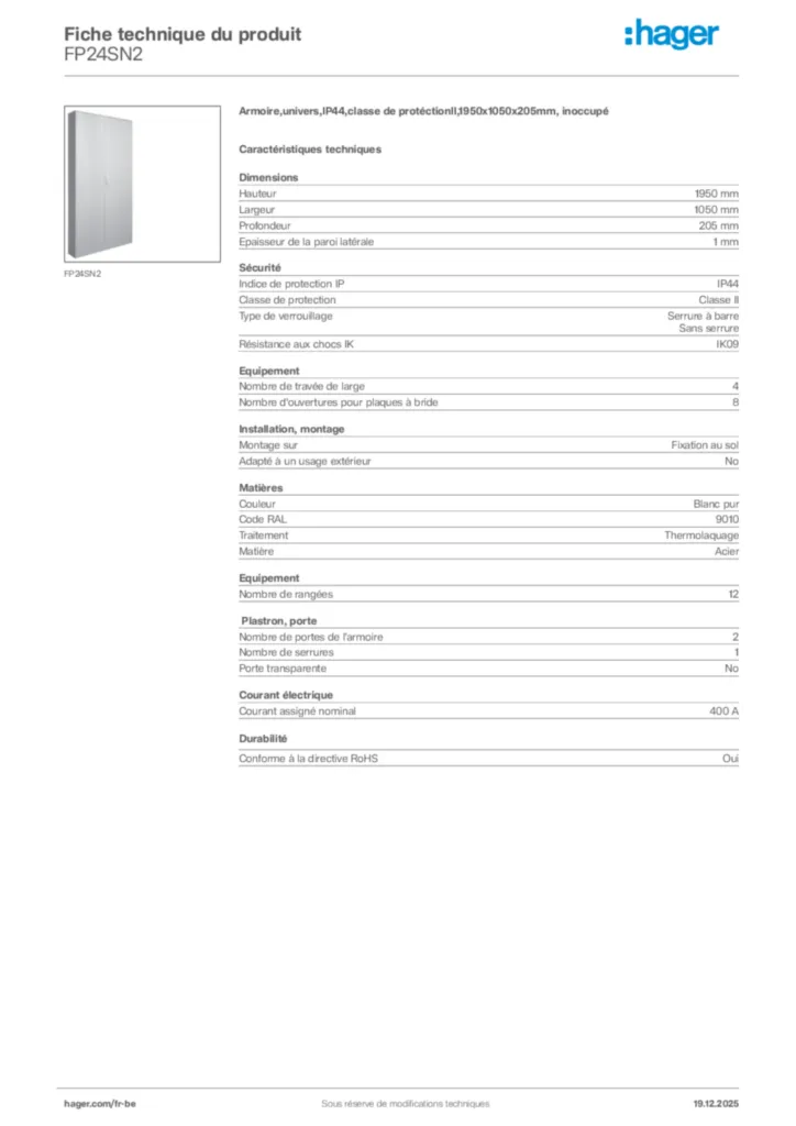 Image Hager Fiche technique du produit FP24SN2 | Hager Belgique