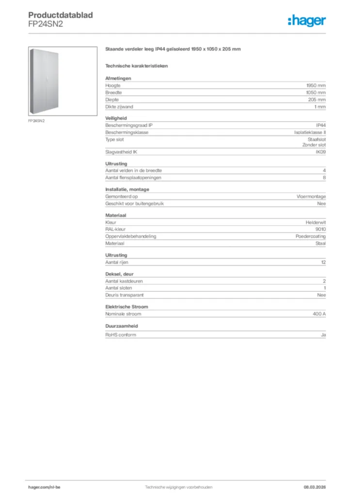 Afbeelding Hager Productdatablad FP24SN2 | Hager Belgium