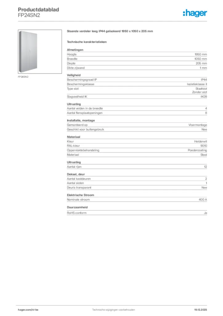 Afbeelding Hager Productdatablad FP24SN2 | Hager Belgium