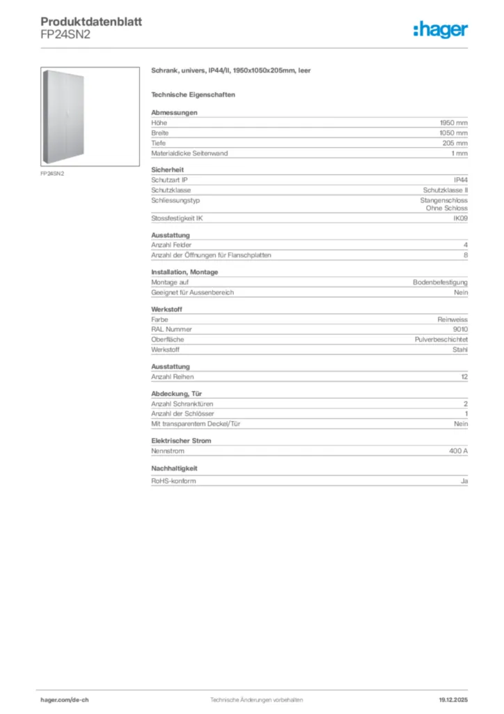 Bild Hager Produktdatenblatt FP24SN2 | Hager Schweiz