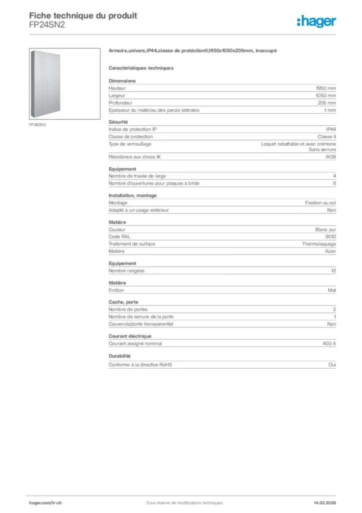 Image Hager Fiche technique du produit FP24SN2 | Hager Suisse