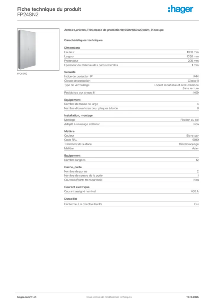 Image Hager Fiche technique du produit FP24SN2 | Hager Suisse