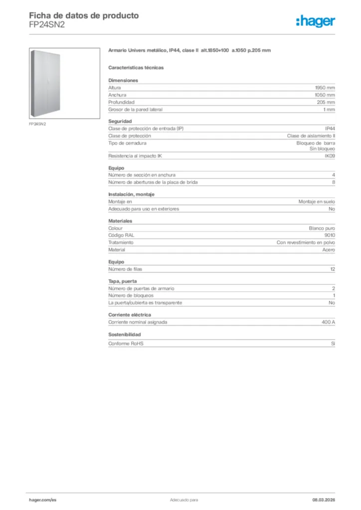 Imagen Hager Ficha de datos de producto FP24SN2 | Hager España