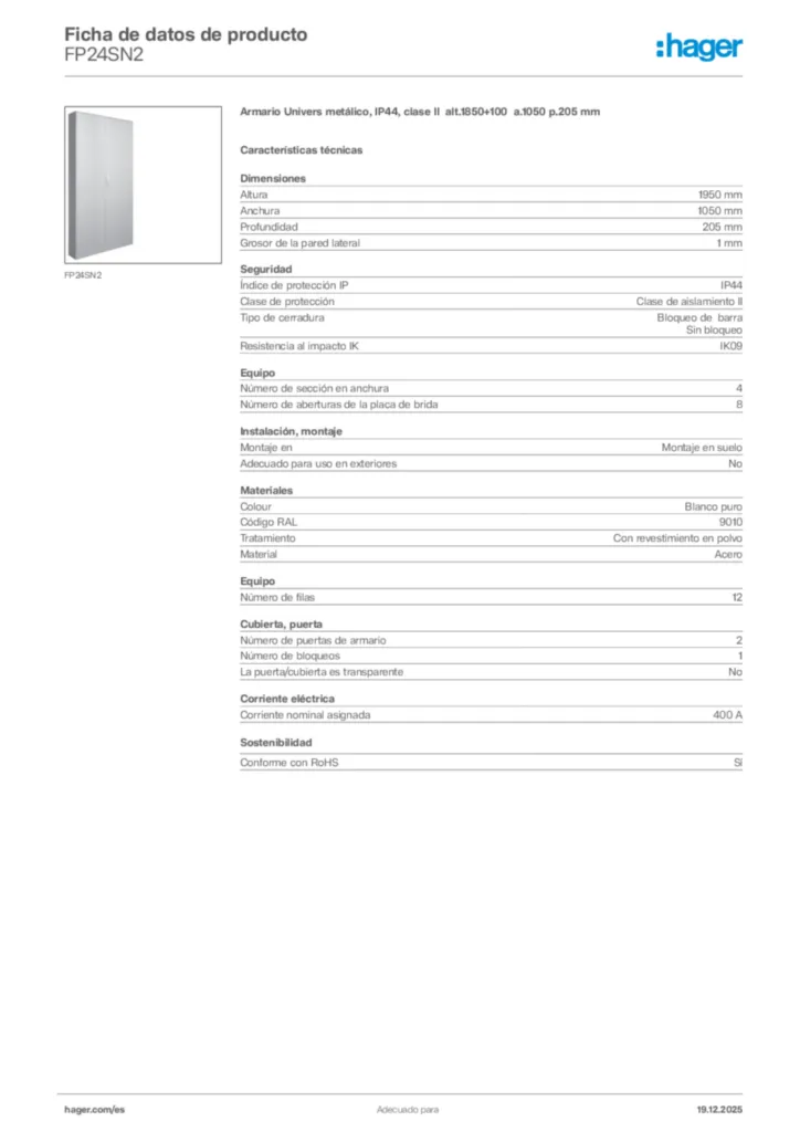 Imagen Hager Ficha de datos de producto FP24SN2 | Hager España