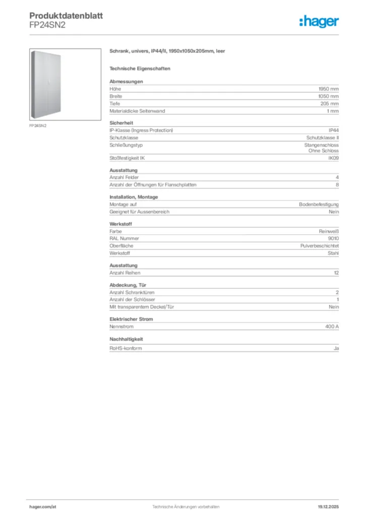 Bild Hager Produktdatenblatt FP24SN2 | Hager Deutschland