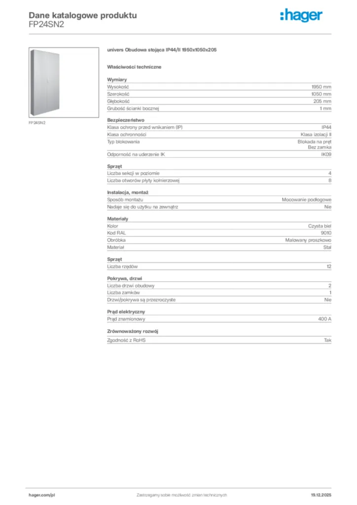 Zdjęcie Hager Karta katalogowa FP24SN2 | Hager Polska
