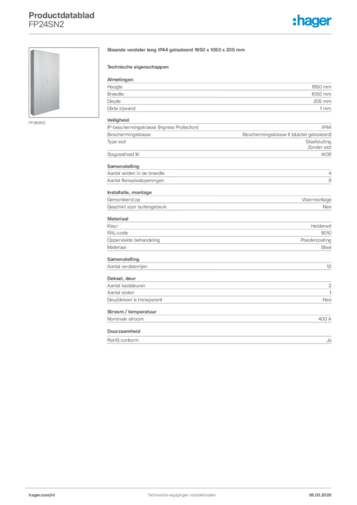 Afbeelding Hager Productdatablad FP24SN2 | Hager Nederland
