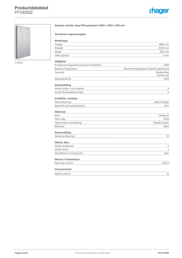 Afbeelding Hager Productdatablad FP24SN2 | Hager Nederland