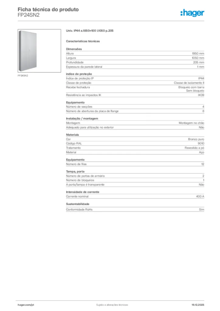 Imagem Hager Ficha técnica do produto FP24SN2 | Hager Portugal