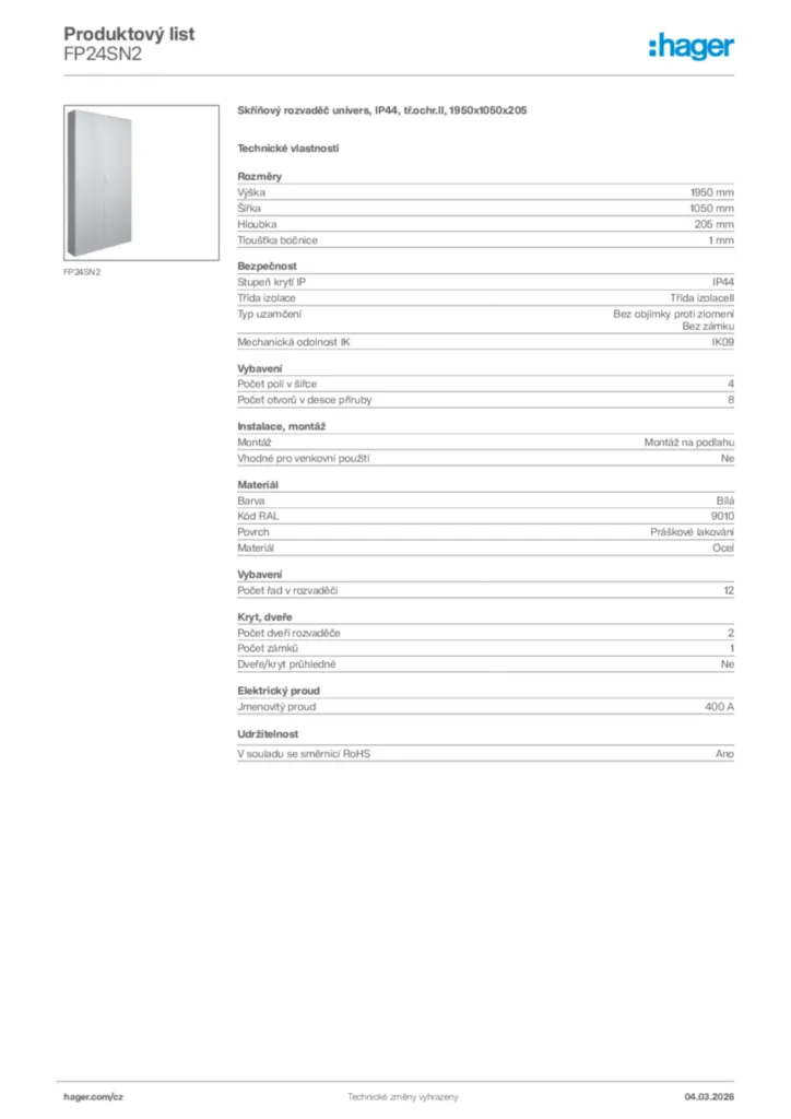 Obrázek Hager Product data sheet FP24SN2 | Hager