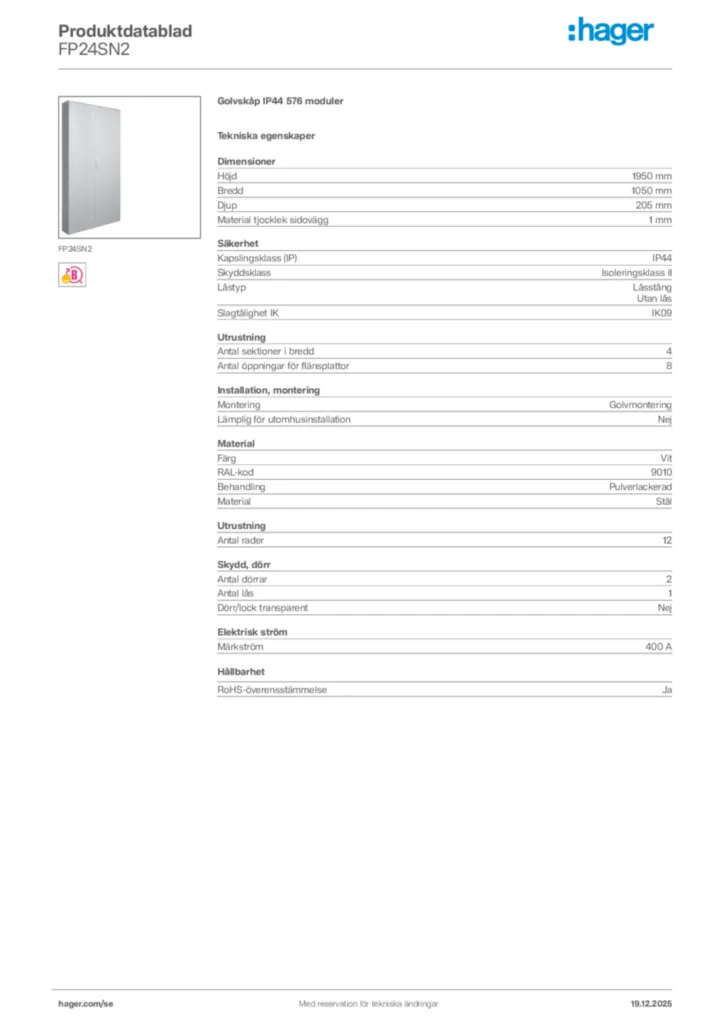 Bild Hager Produktdatablad FP24SN2 | Hager Sverige