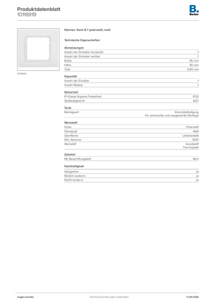 Bild Berker Produktdatenblatt 10116919 | Hager Deutschland