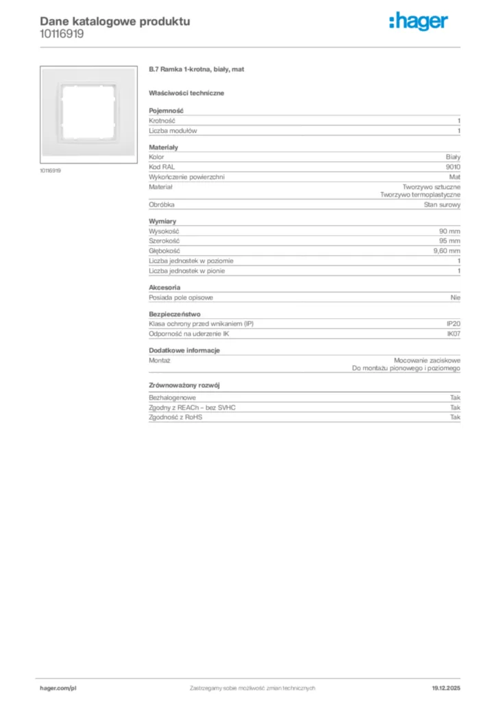 Zdjęcie Hager Karta katalogowa 10116919 | Hager Polska