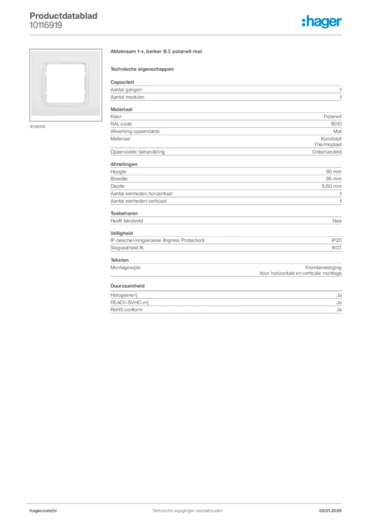 Afbeelding Hager Productdatablad 10116919 | Hager Nederland