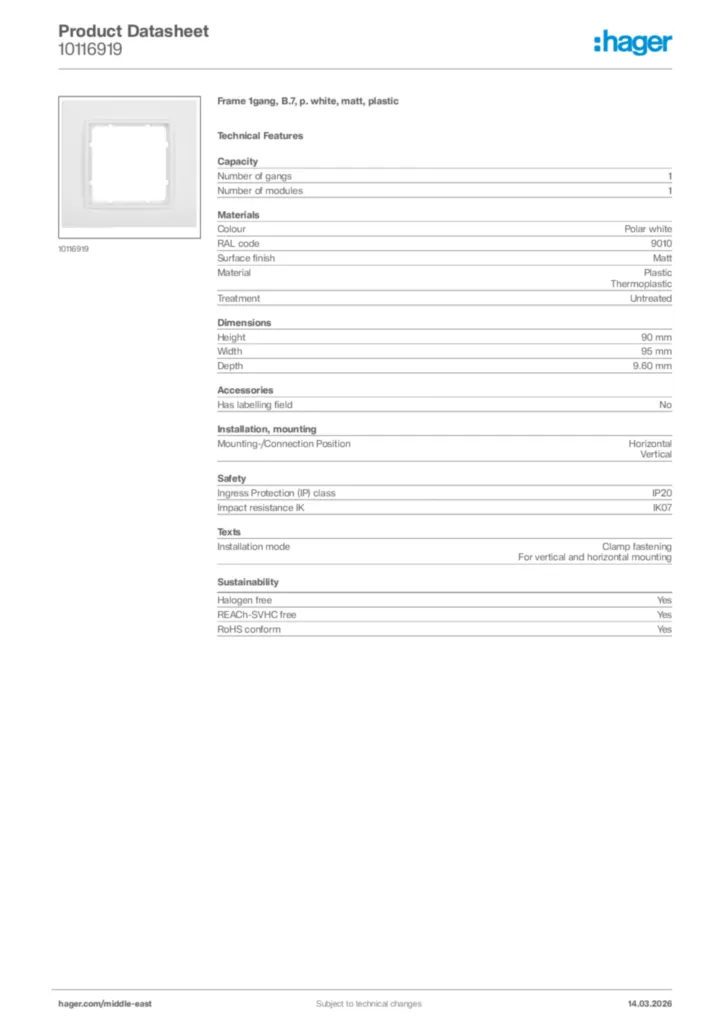 Image Hager Product data sheet 10116919  | Hager