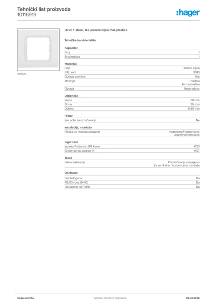 Slika Hager Tehnički list proizvoda 10116919  | Hager