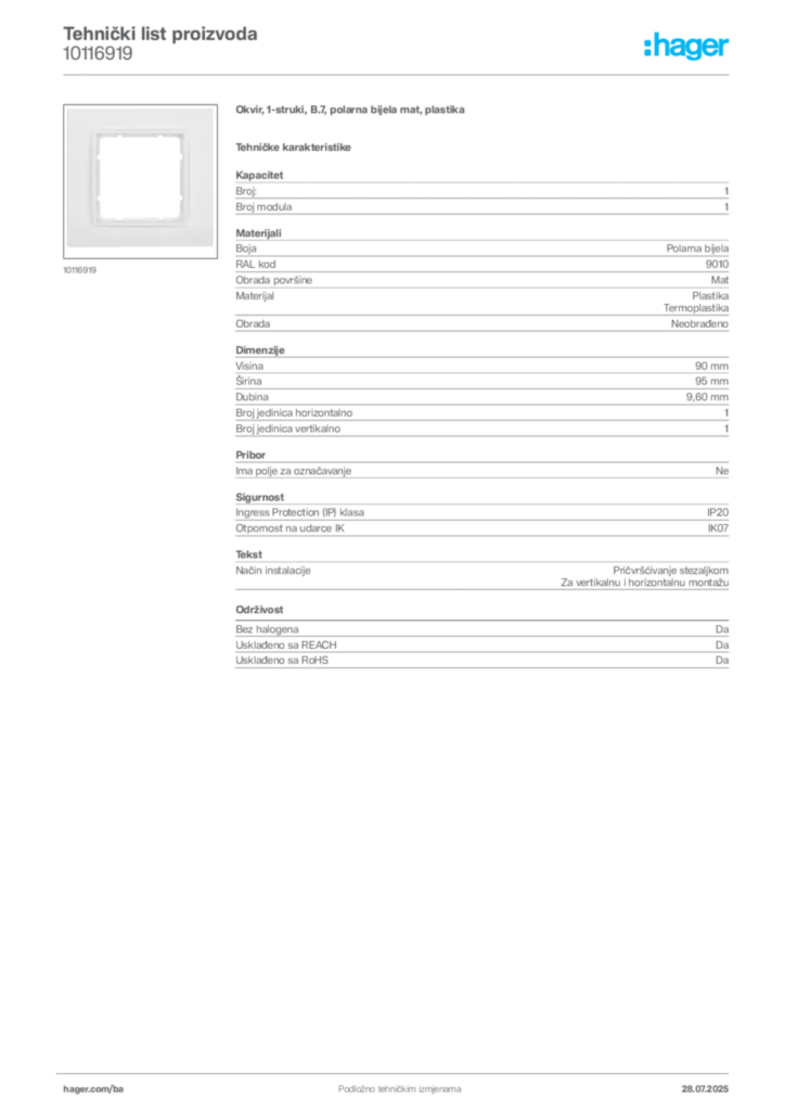 Slika Hager Product data sheet 10116919  | Hager