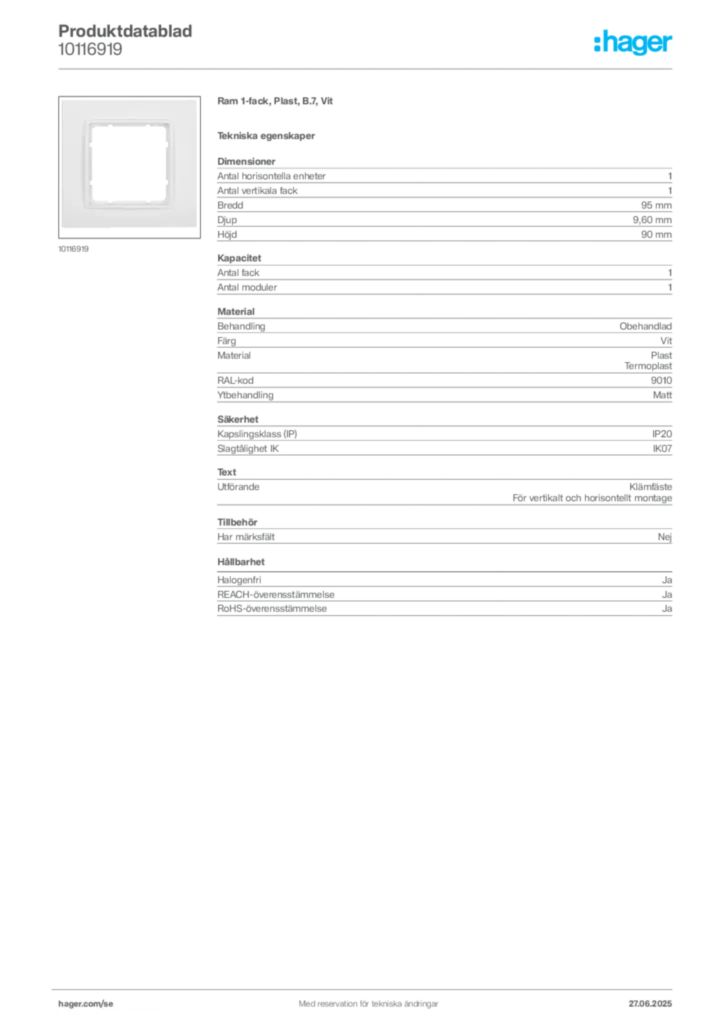 Bild Hager Produktdatablad 10116919 | Hager Sverige