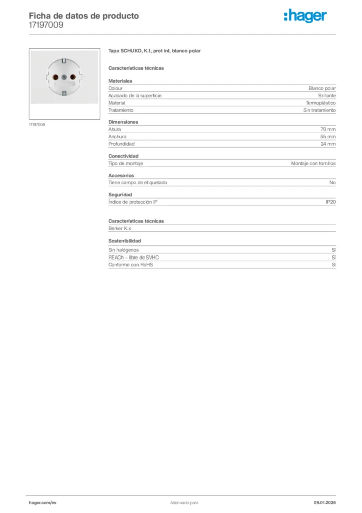 Imagen Hager Ficha de datos de producto 17197009 | Hager España