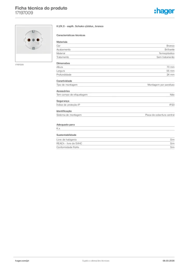 Imagem Hager Ficha técnica do produto 17197009 | Hager Portugal