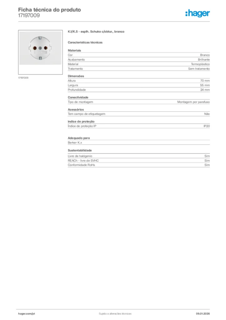 Imagem Hager Ficha técnica do produto 17197009 | Hager Portugal
