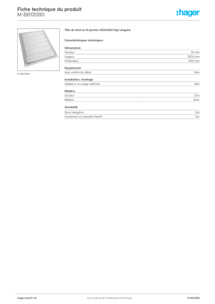 Image Hager Fiche technique du produit M-BB12080 | Hager Suisse