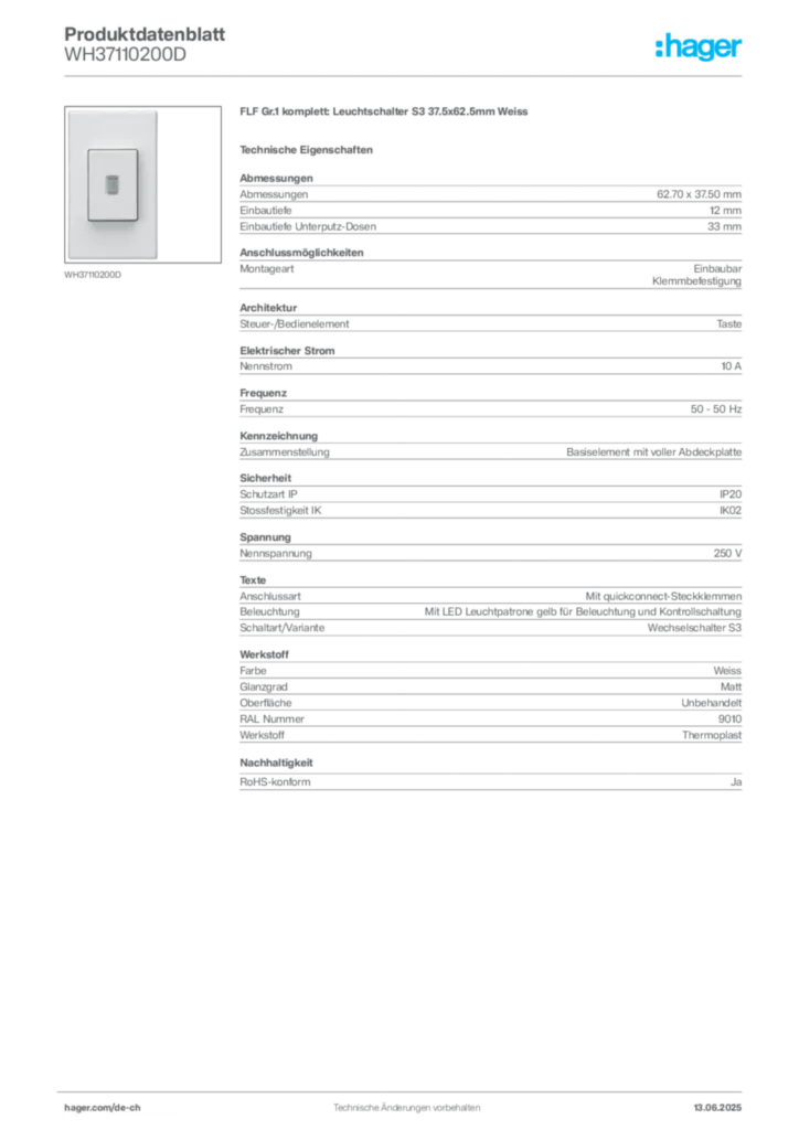 Bild Hager Produktdatenblatt WH37110200D | Hager Schweiz