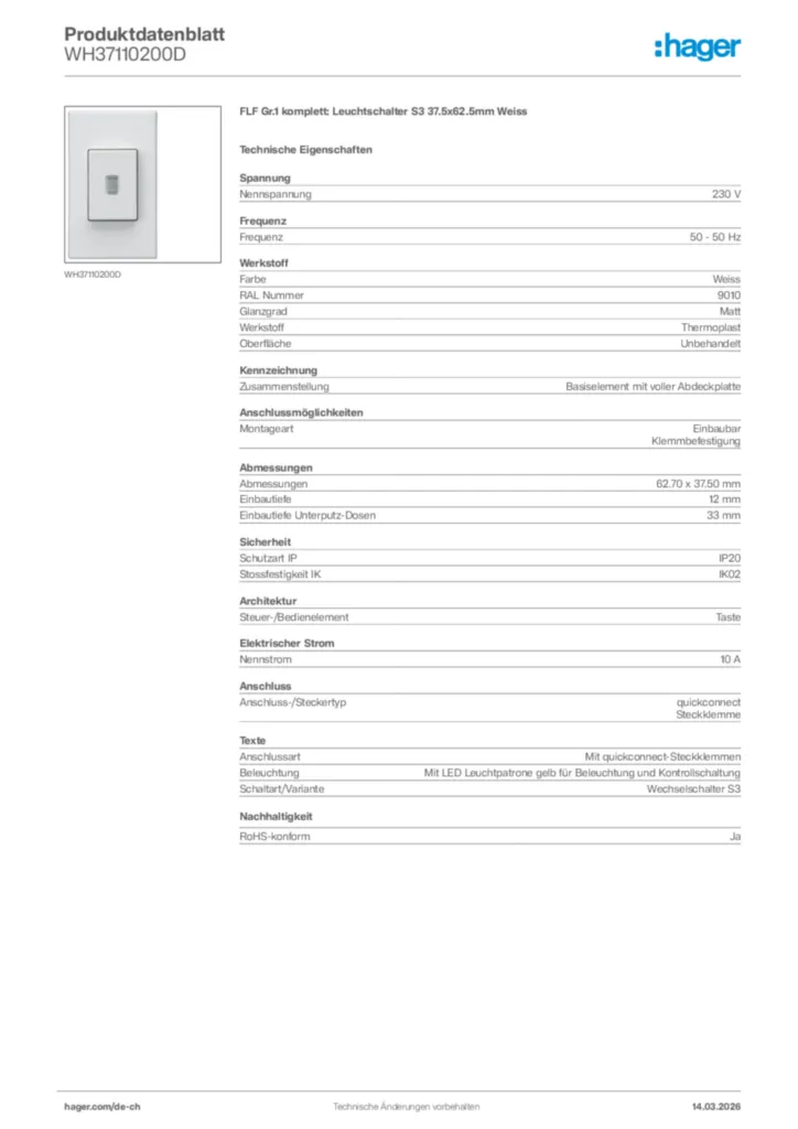 Bild Hager Produktdatenblatt WH37110200D | Hager Schweiz