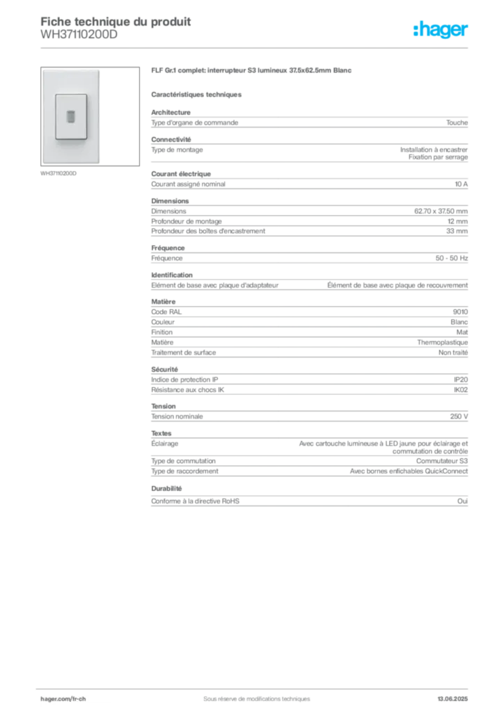 Image Hager Fiche technique du produit WH37110200D | Hager Suisse