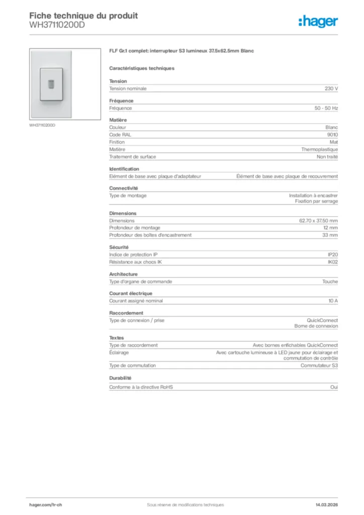Image Hager Fiche technique du produit WH37110200D | Hager Suisse