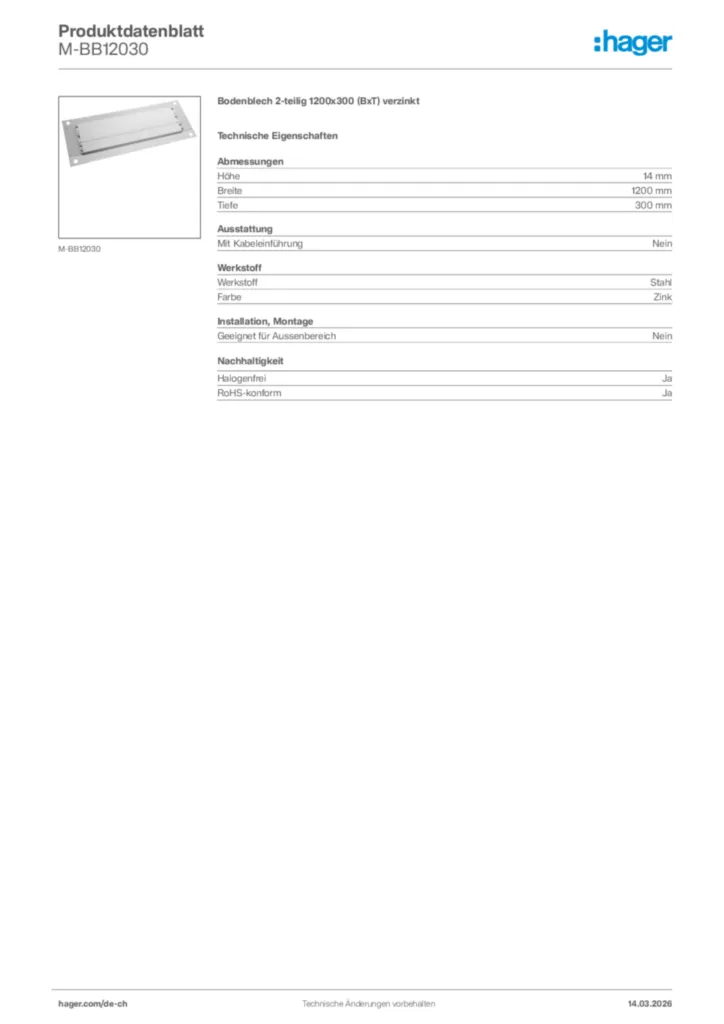 Bild Hager Produktdatenblatt M-BB12030 | Hager Schweiz