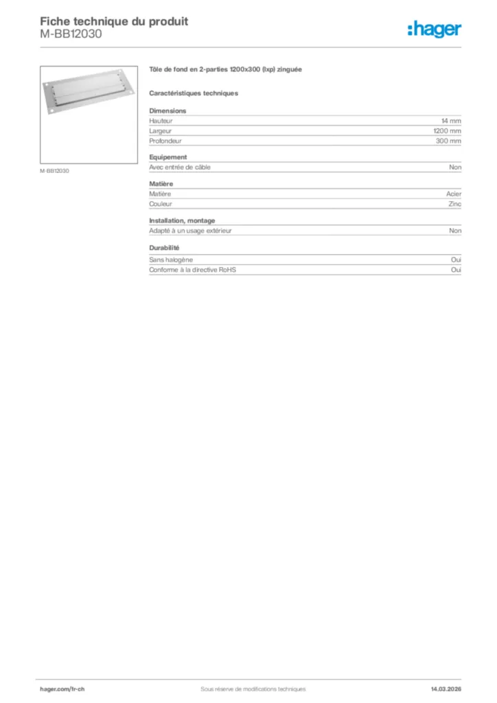 Image Hager Fiche technique du produit M-BB12030 | Hager Suisse