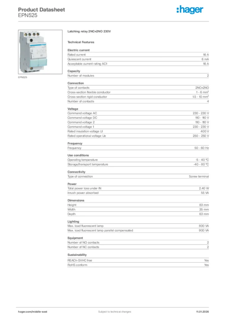 Image Hager Product data sheet EPN525  | Hager