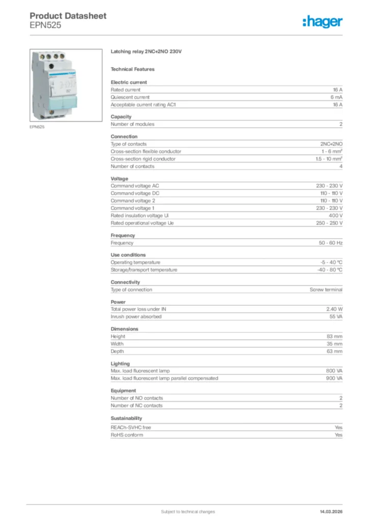 Image Hager Product data sheet EPN525  | Hager Africa