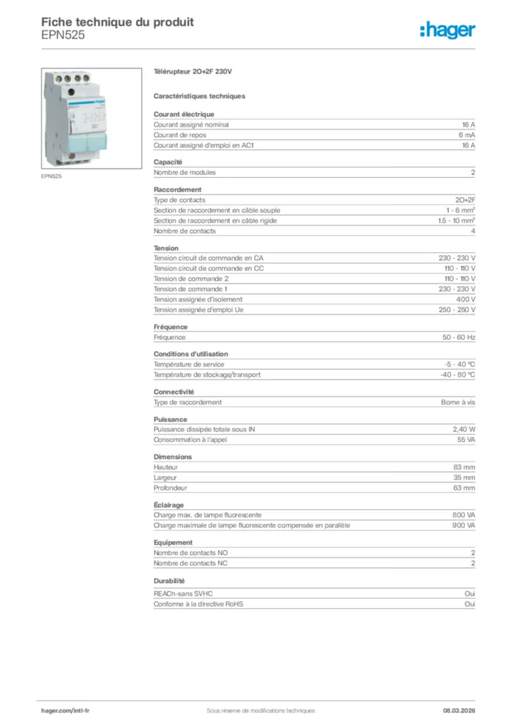 Image Hager Fiche technique du produit EPN525 | Hager Afrique