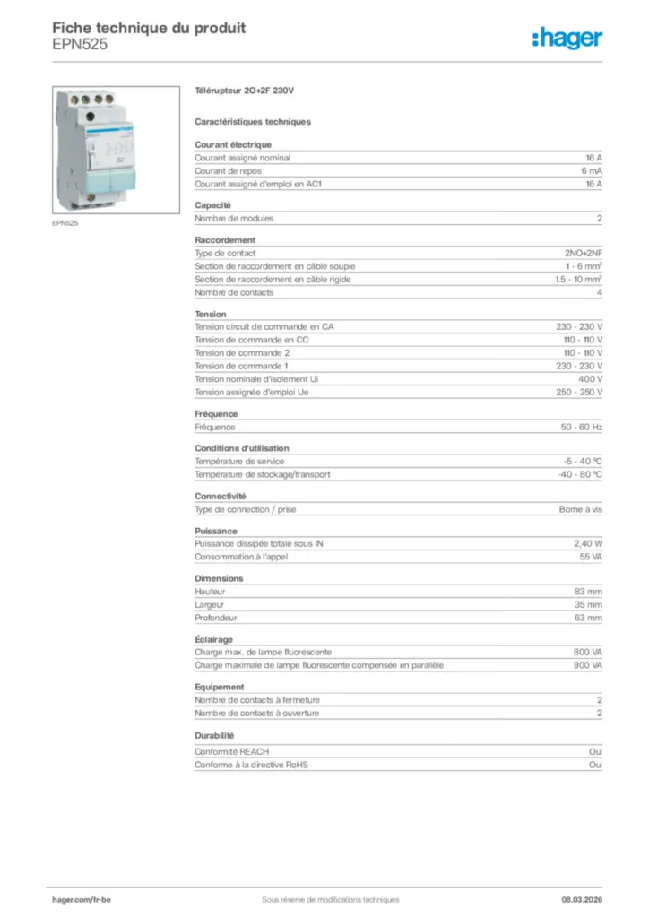 Image Hager Fiche technique du produit EPN525 | Hager Belgique