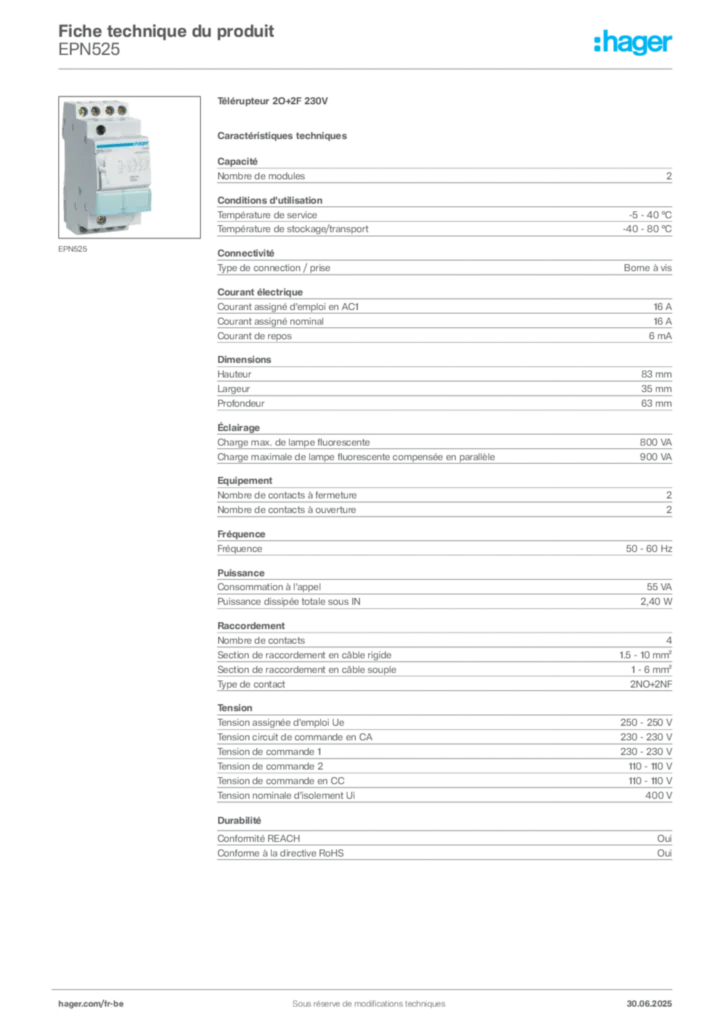 Image Hager Fiche technique du produit EPN525 | Hager Belgique