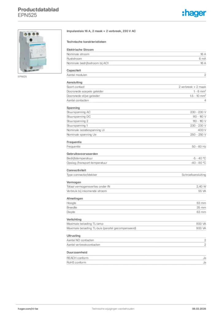 Afbeelding Hager Productdatablad EPN525 | Hager Belgium