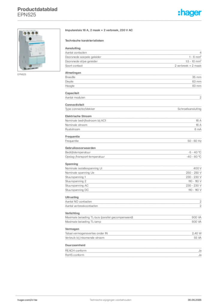 Afbeelding Hager Productdatablad EPN525 | Hager Belgium