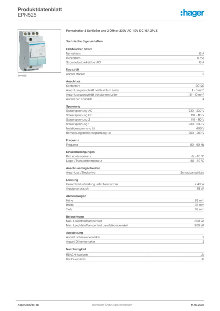 Bild Hager Produktdatenblatt EPN525 | Hager Schweiz