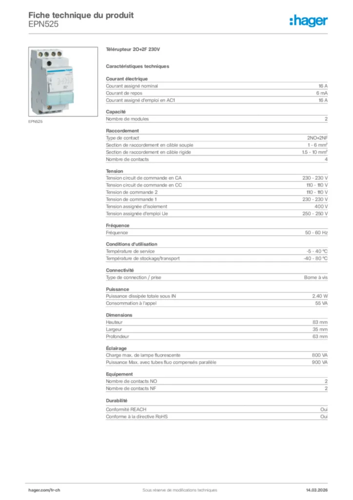 Image Hager Fiche technique du produit EPN525 | Hager Suisse