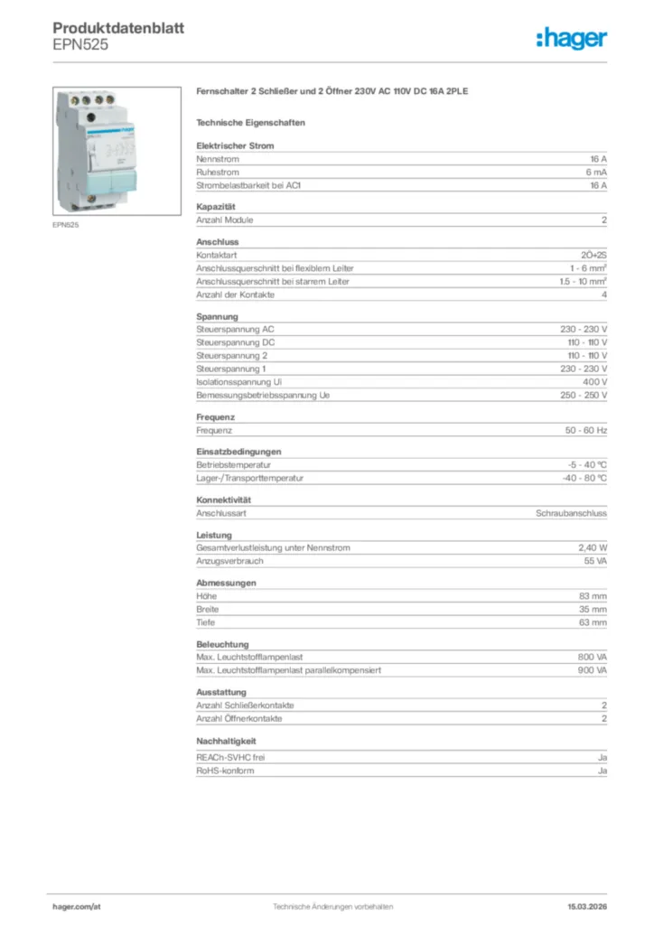 Bild Hager Produktdatenblatt EPN525 | Hager Deutschland
