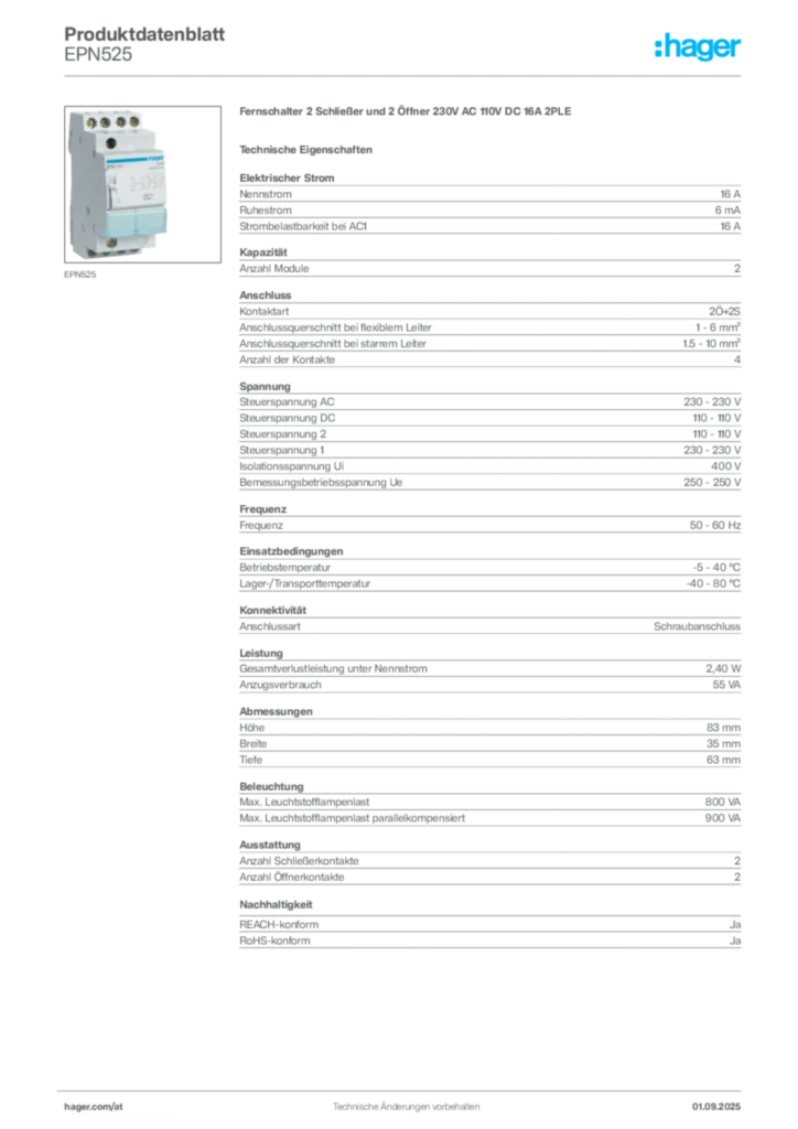 Bild Hager Produktdatenblatt EPN525 | Hager Deutschland