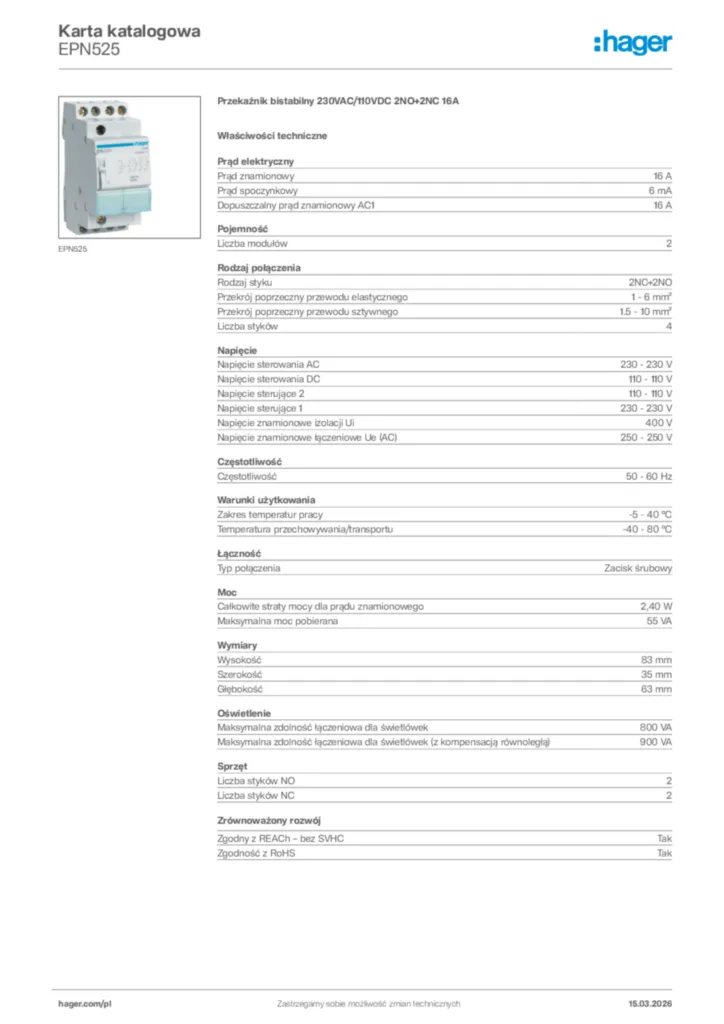 Zdjęcie Hager Karta katalogowa EPN525 | Hager Polska